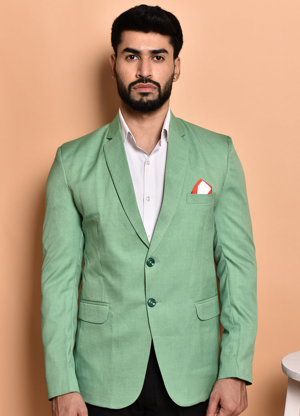 BOWLIFESTYLE Light Green Cotton Blend Solid Blazer