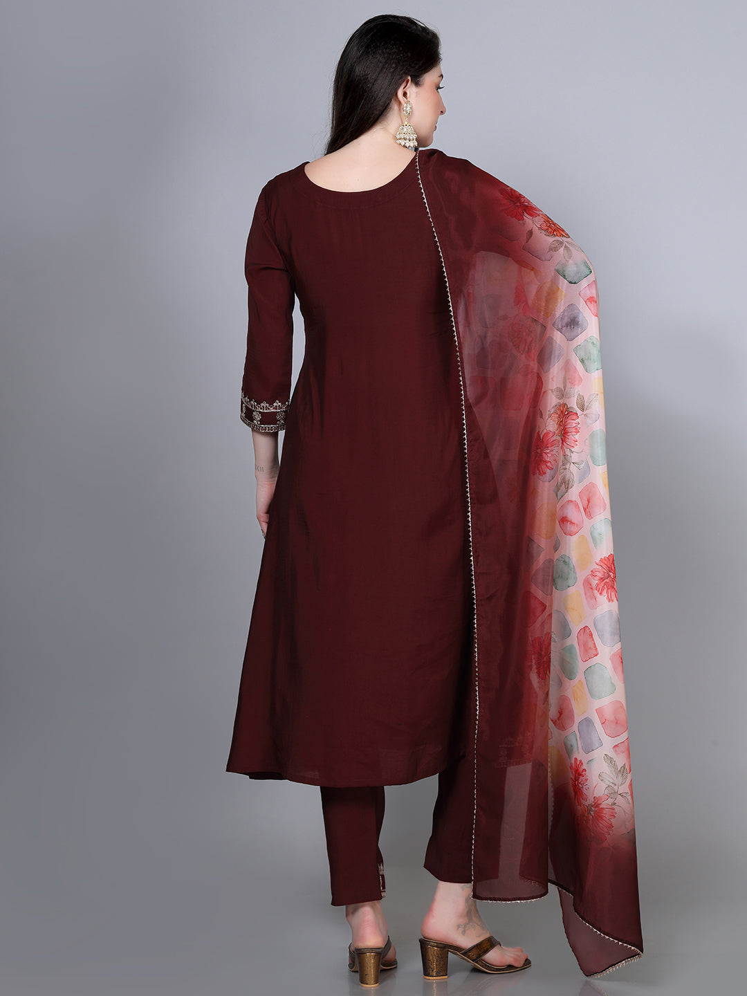 Maroon Silk Embroidered Kurta Set With Dupatta - Laxis