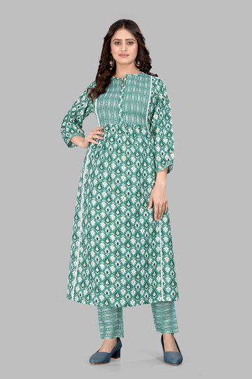 SUNDARNAARI Sea Green Kurta Set for Women | Printed Cotton Blend | Elegant & Comfortable | Perfect for Casual & Festive Wear