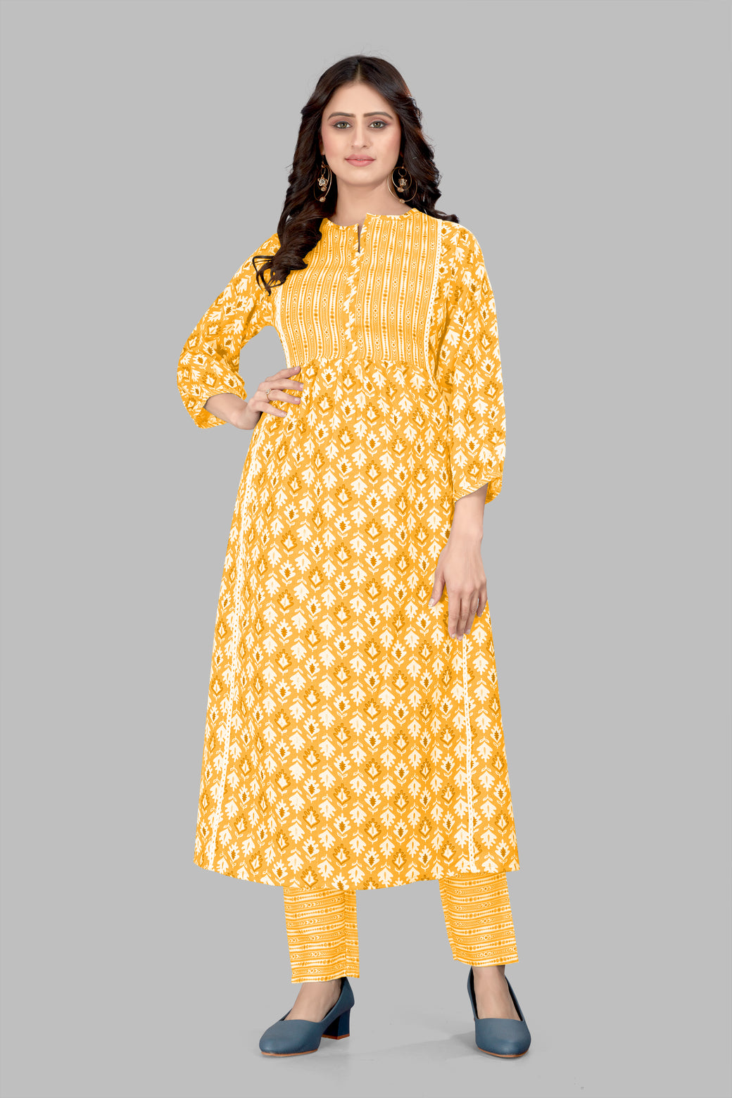 SUNDARNAARI Yellow Kurta Set for Women | Printed Cotton Blend Fabric | Stylish & Comfortable | Ideal for Festive & Daily Wear