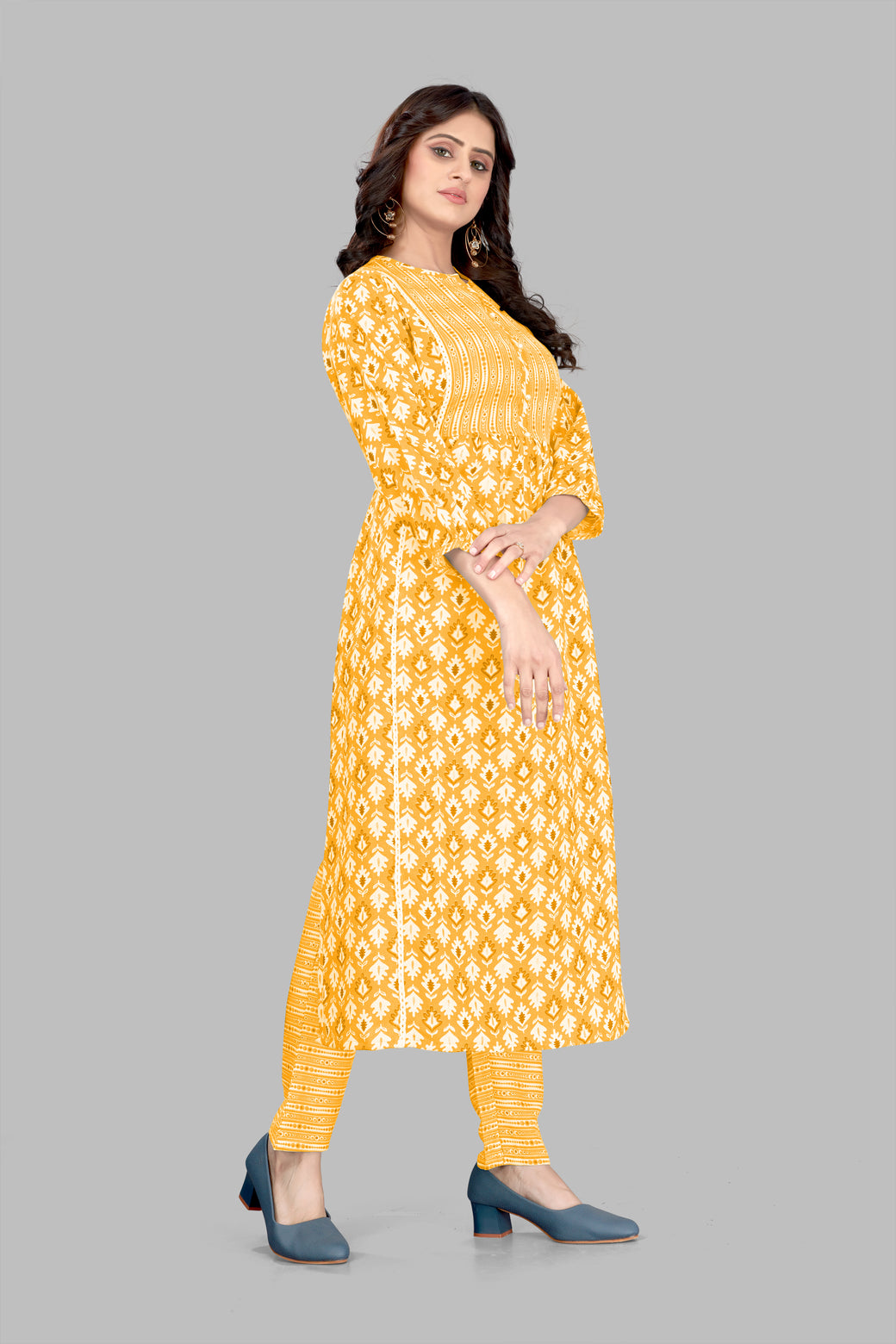 SUNDARNAARI Yellow Kurta Set for Women | Printed Cotton Blend Fabric | Stylish & Comfortable | Ideal for Festive & Daily Wear