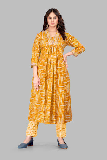 Gold Cotton Blend Printed Kurta Set for Women - SUNDARNAARI Premium Ethnic Wear