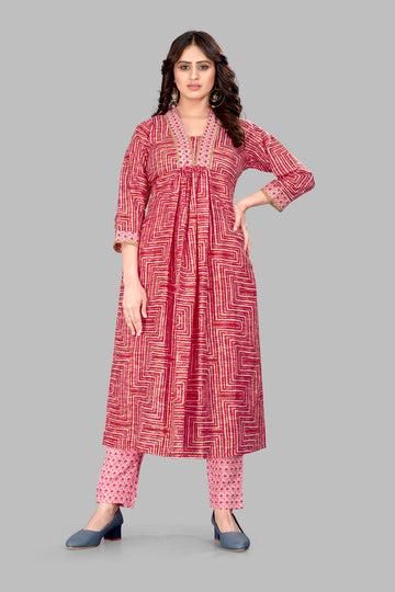 Red Cotton Blend Printed Kurta Set for Women - SUNDARNAARI Vibrant Ethnic Wear