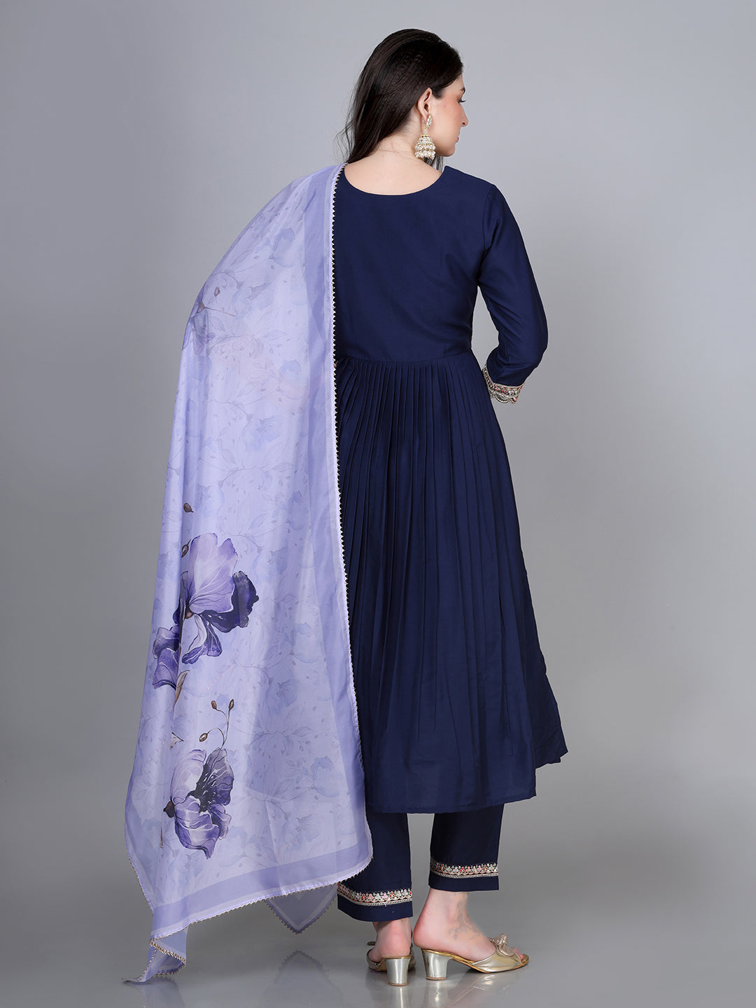 Navy Blue  Chinon  Embroidered Kurta Set with Dupatta - Laxis