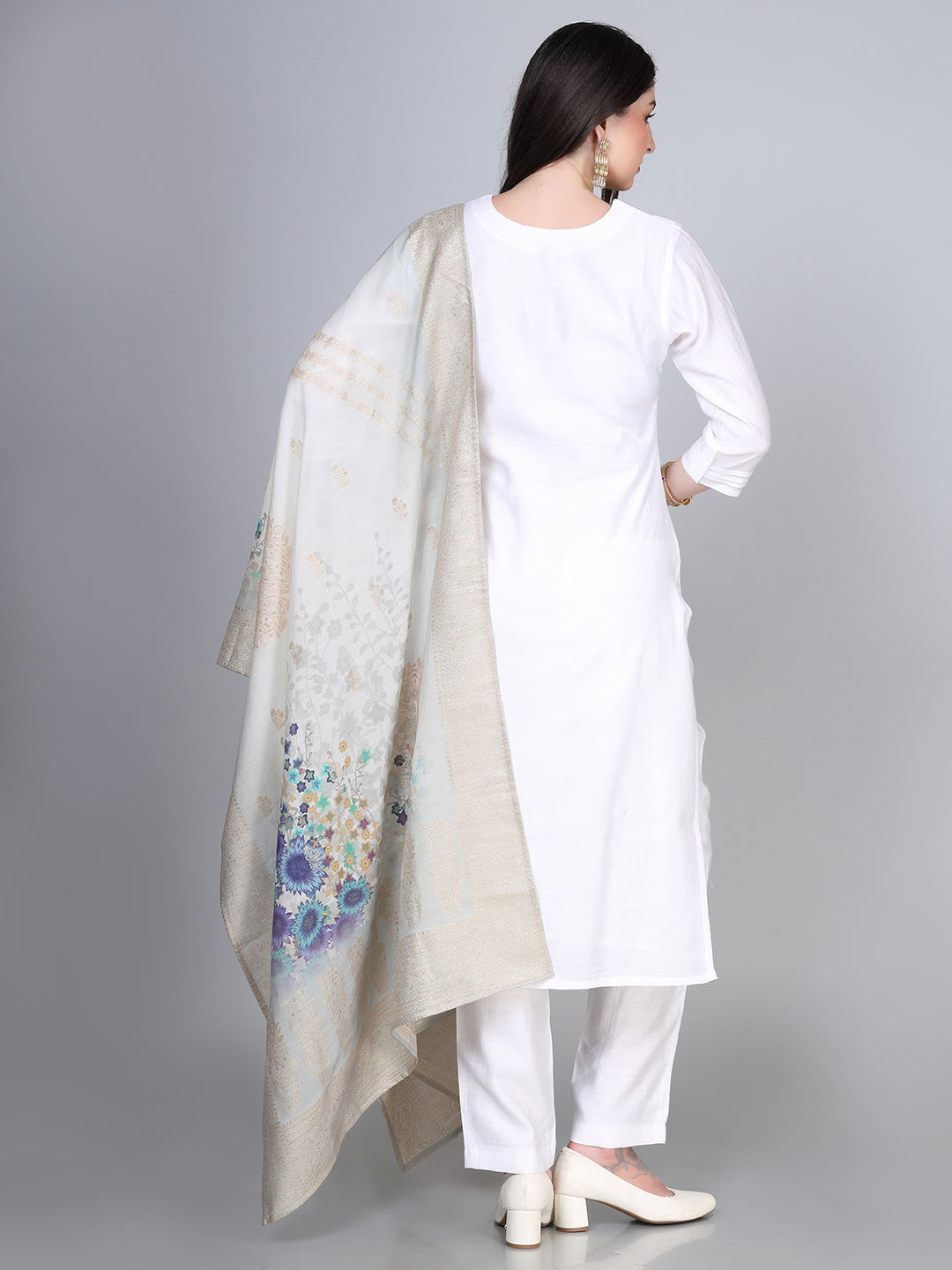 White Viscose Rayon Kurta Set with Dupatta - Laxis