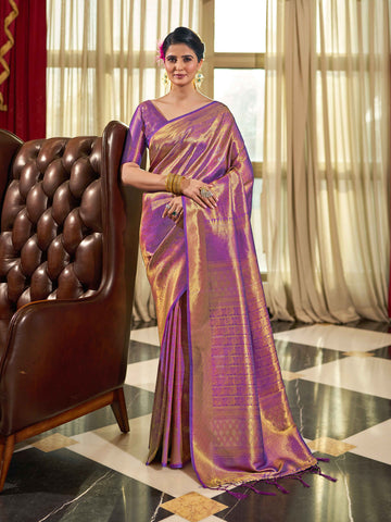 Swornof Womens Silk Saree With Blouse Piece - Purple