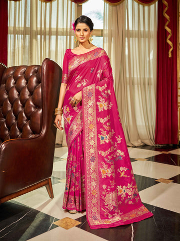 Swornof Womens Silk Saree with Zari Woven Saree With Blouse Piece - Pink