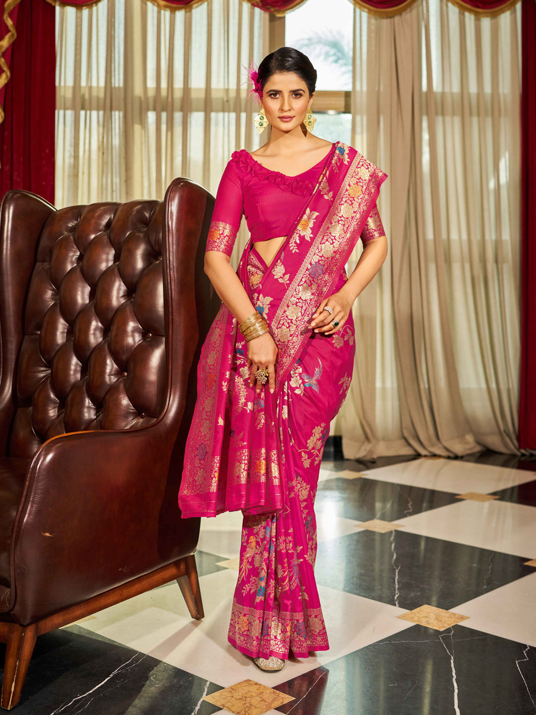 Swornof Womens Silk Saree with Zari Woven Saree With Blouse Piece - Pink