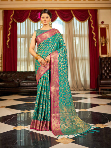 Swornof Women's cotton Silk and cotton Saree With Unstitched Boluse Piece - Green