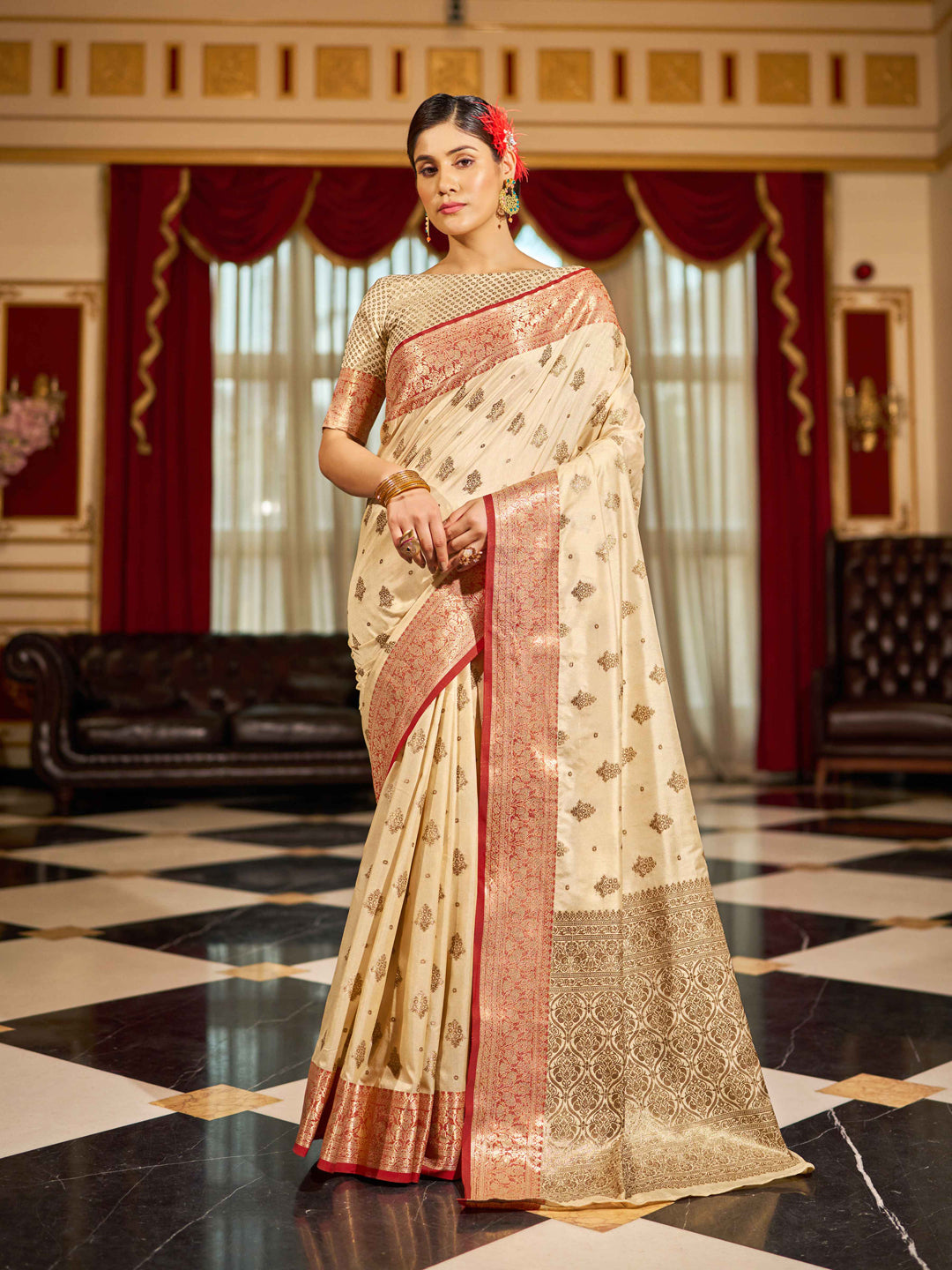 Swornof Women's cotton Silk and cotton Saree With Unstitched Boluse Piece - Cream