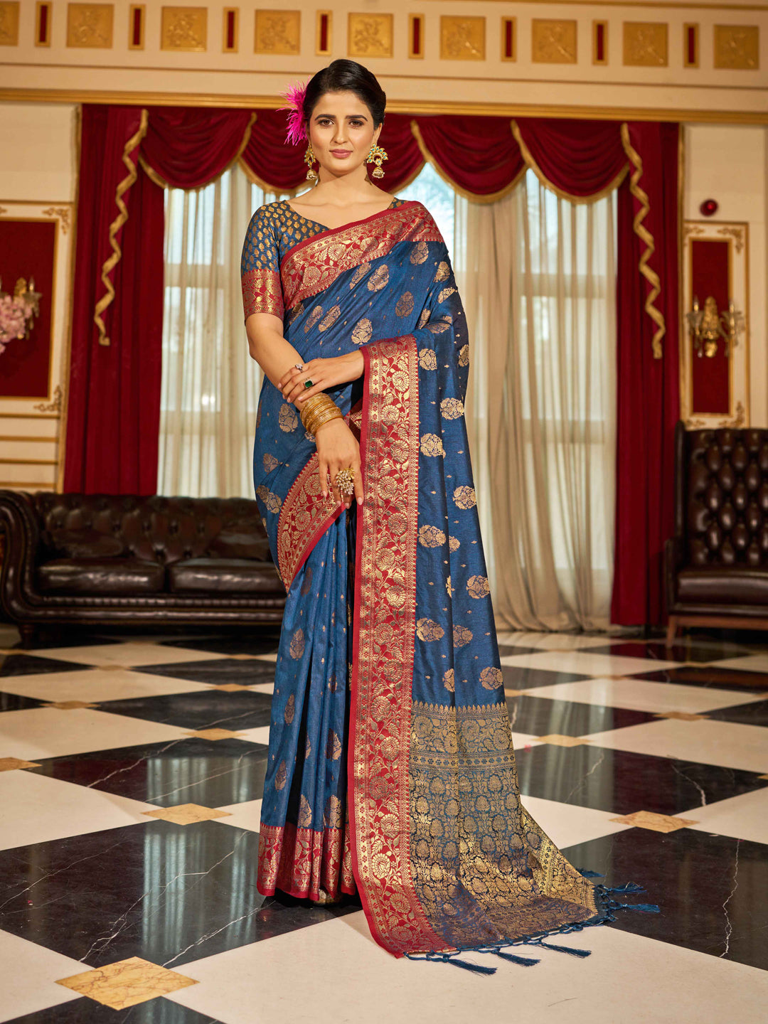 Swornof Women's cotton Silk and cotton Saree With Unstitched Boluse Piece - Blue