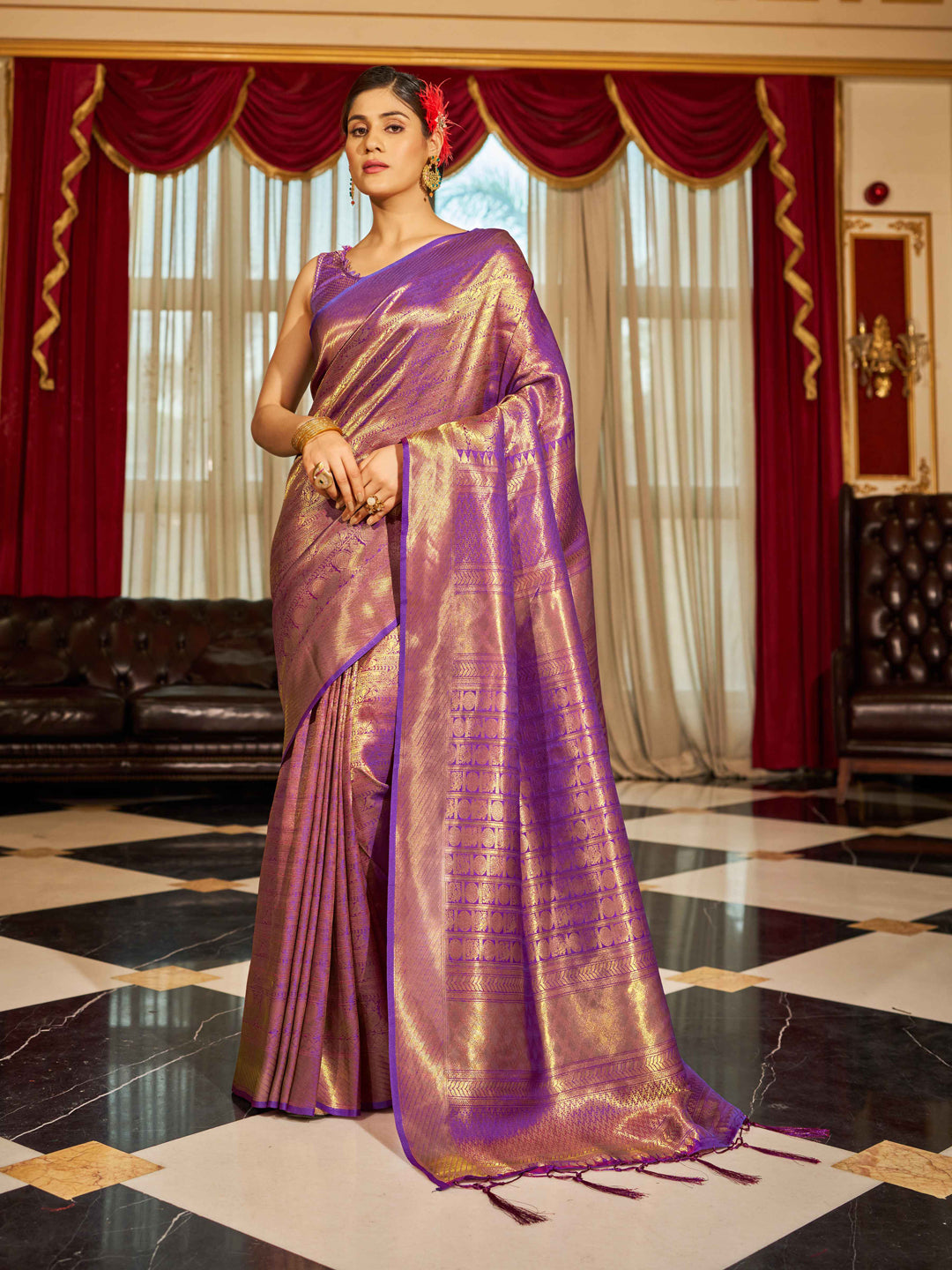 Swornof Womens Silk Saree With Blouse Piece - Purple