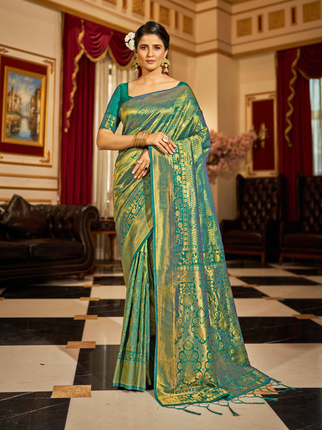 Swornof Womens Silk Saree With Blouse Piece - Green