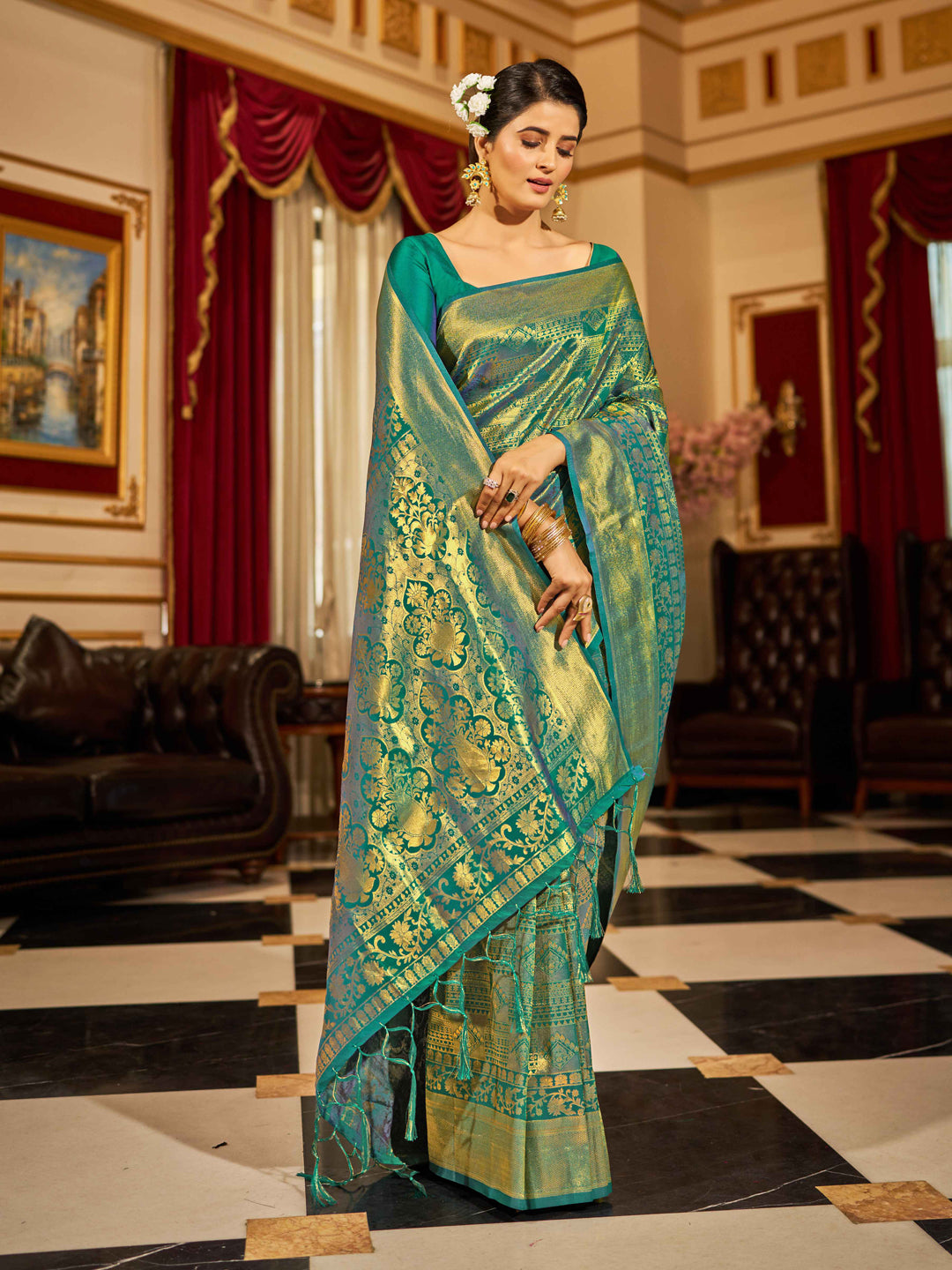 Swornof Womens Silk Saree With Blouse Piece - Green