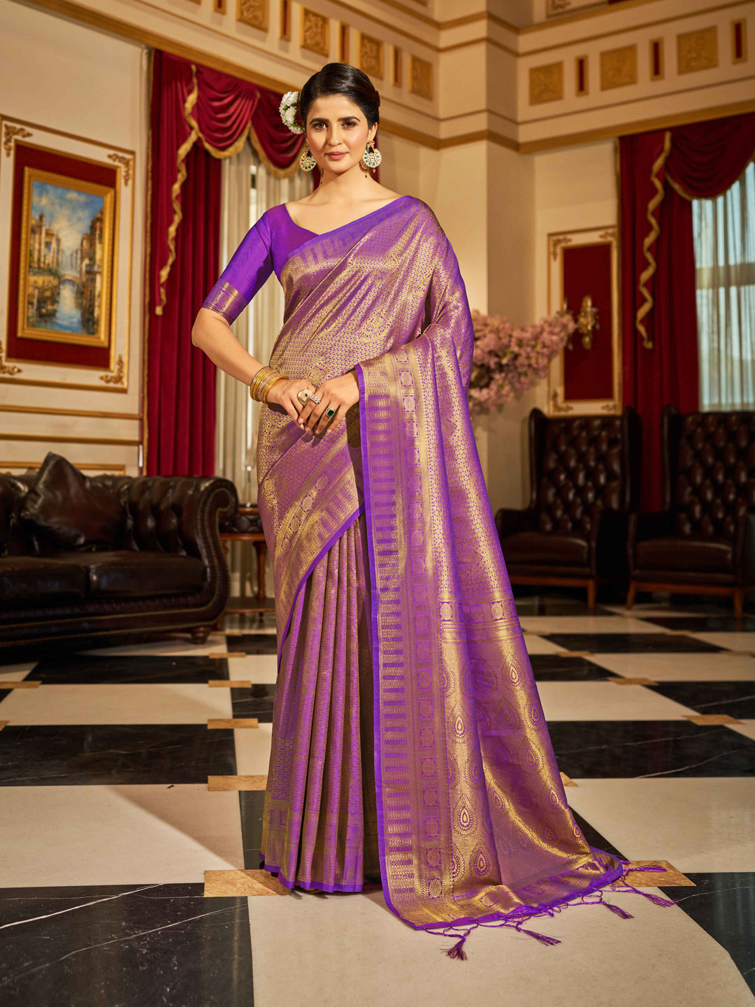 Swornof Womens Silk Saree With Blouse Piece - Purple