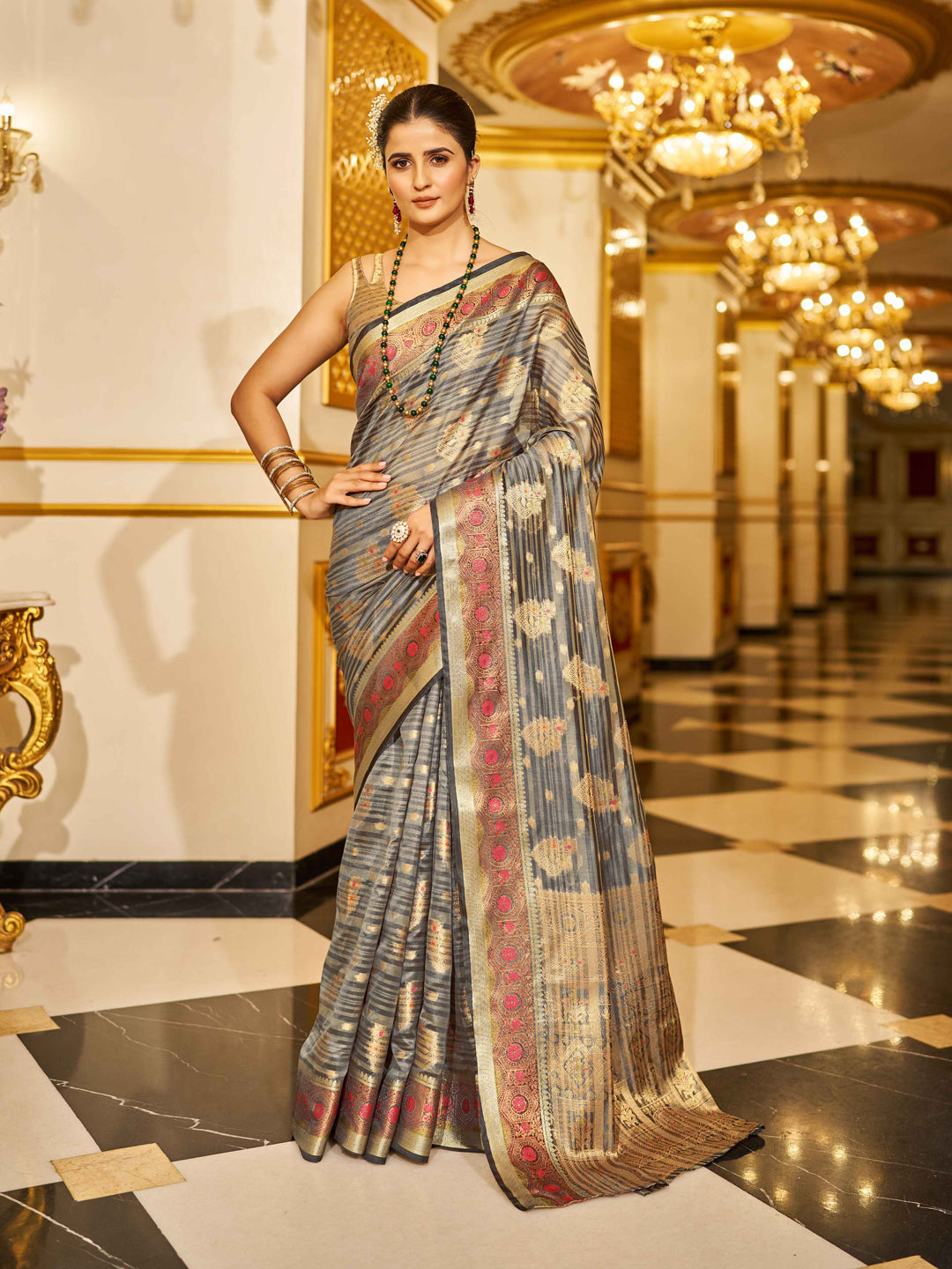 Swornof Womens Organza Silk Saree With Blouse Piece - Grey