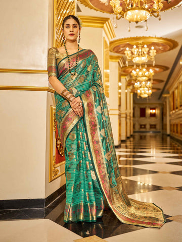 Swornof Womens Organza Silk Saree With Blouse Piece - Firozy