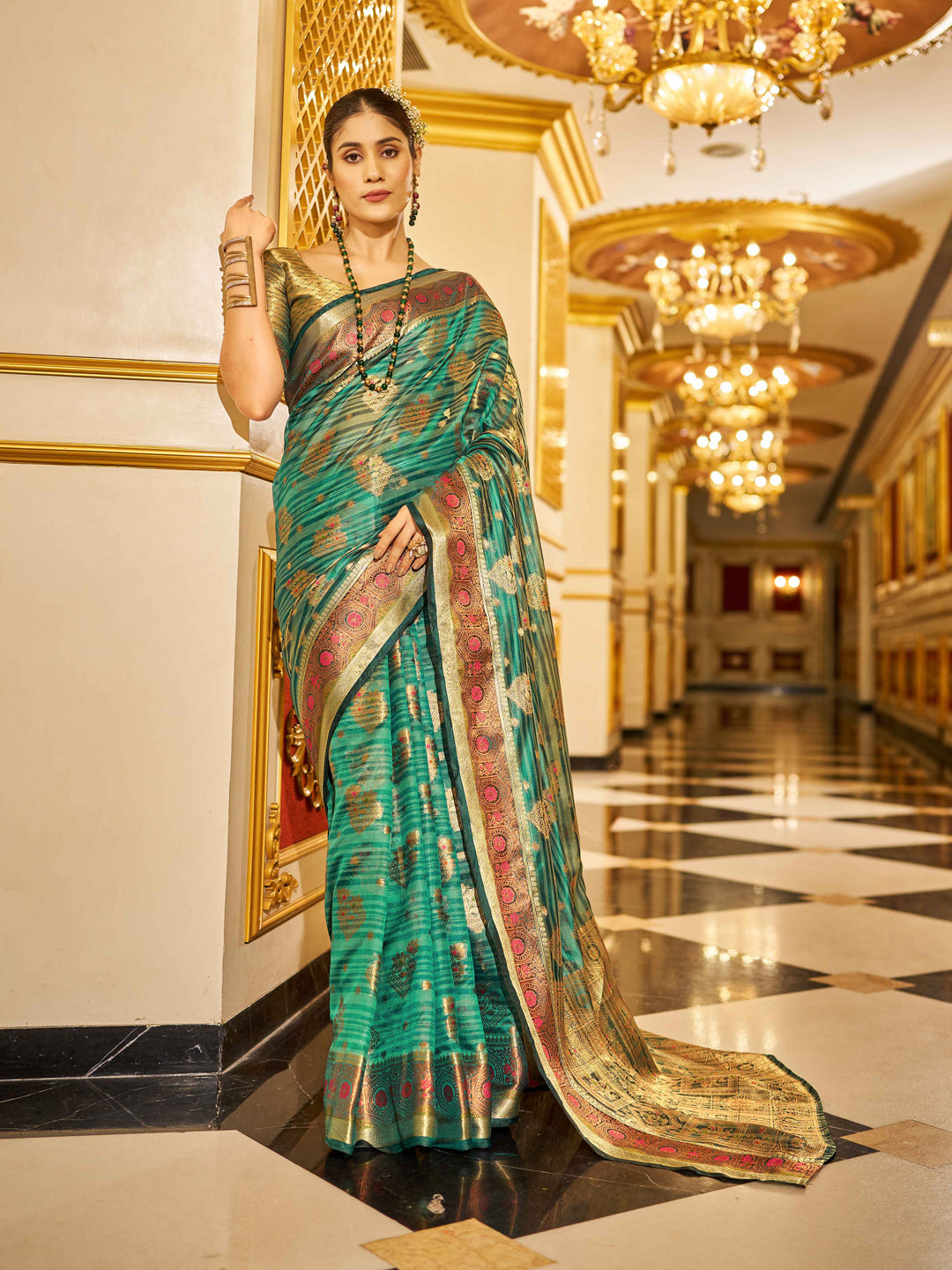 Swornof Womens Organza Silk Saree With Blouse Piece - Firozy