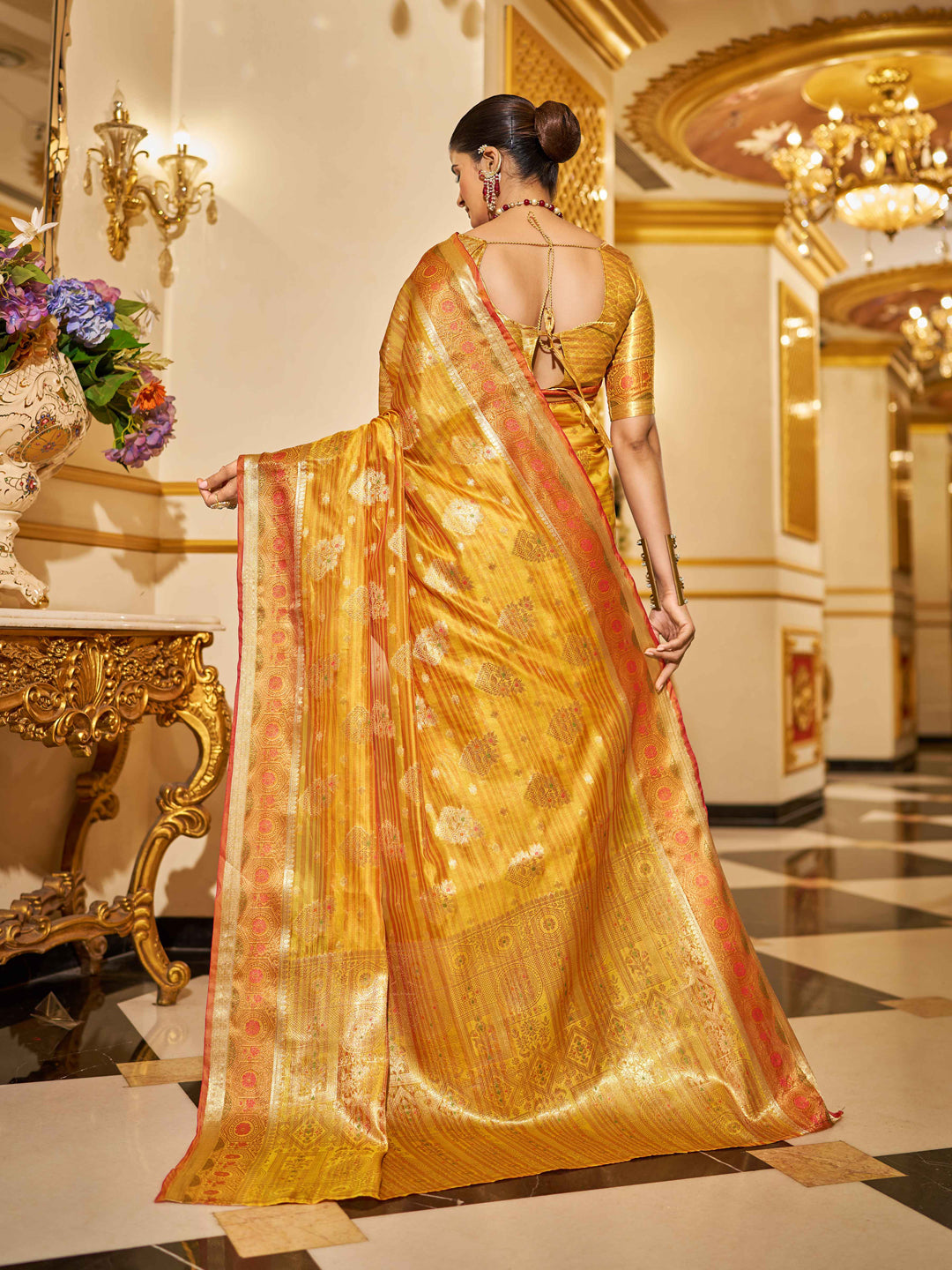 Swornof Womens Organza Silk Saree With Blouse Piece - Yellow