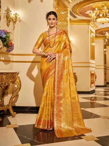 Swornof Womens Organza Silk Saree With Blouse Piece - Yellow