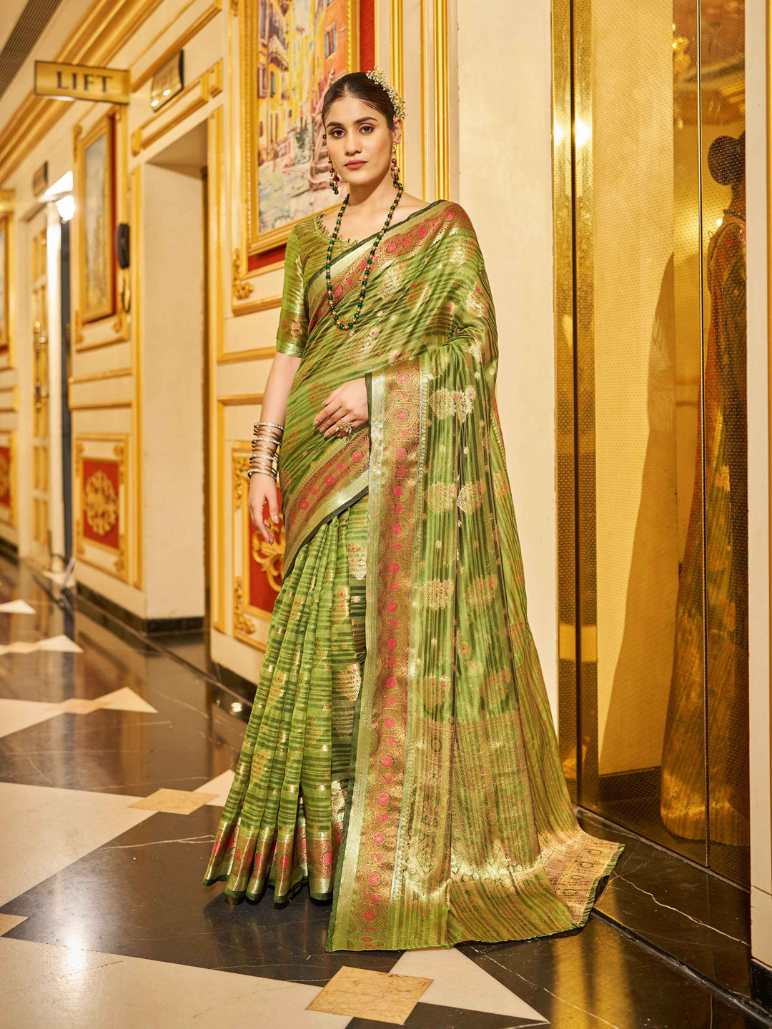 Swornof Womens Organza Silk Saree With Blouse Piece - Mahendi Green