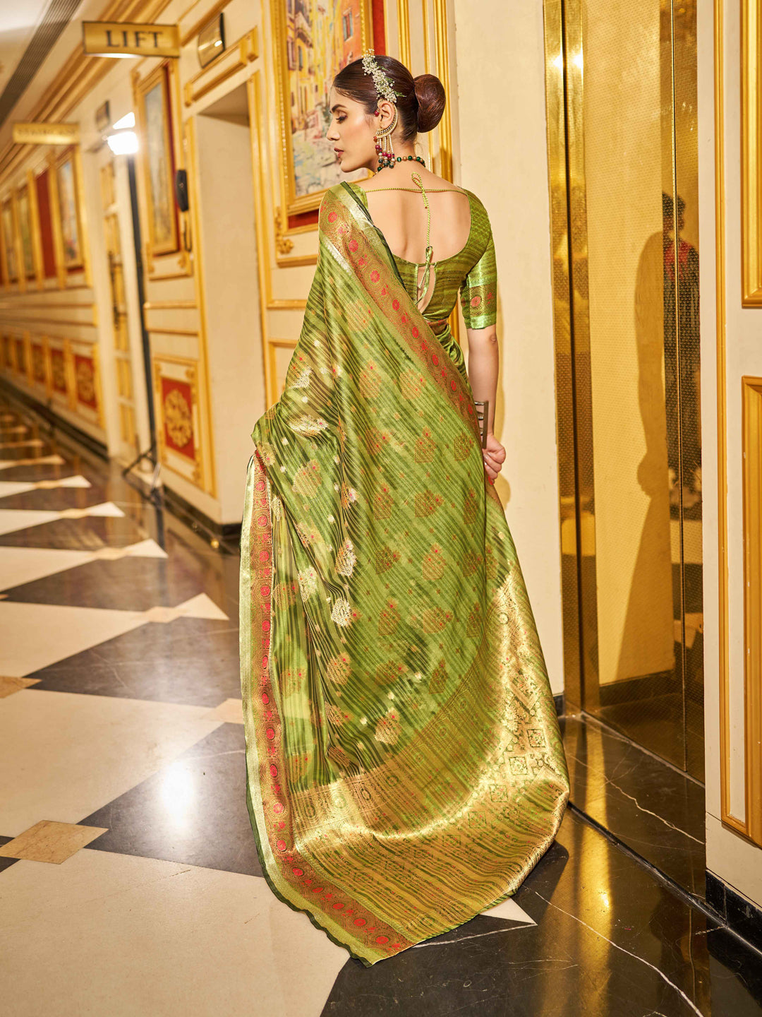 Swornof Womens Organza Silk Saree With Blouse Piece - Mahendi Green