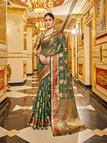 Swornof Womens Organza Silk Saree With Blouse Piece - Green