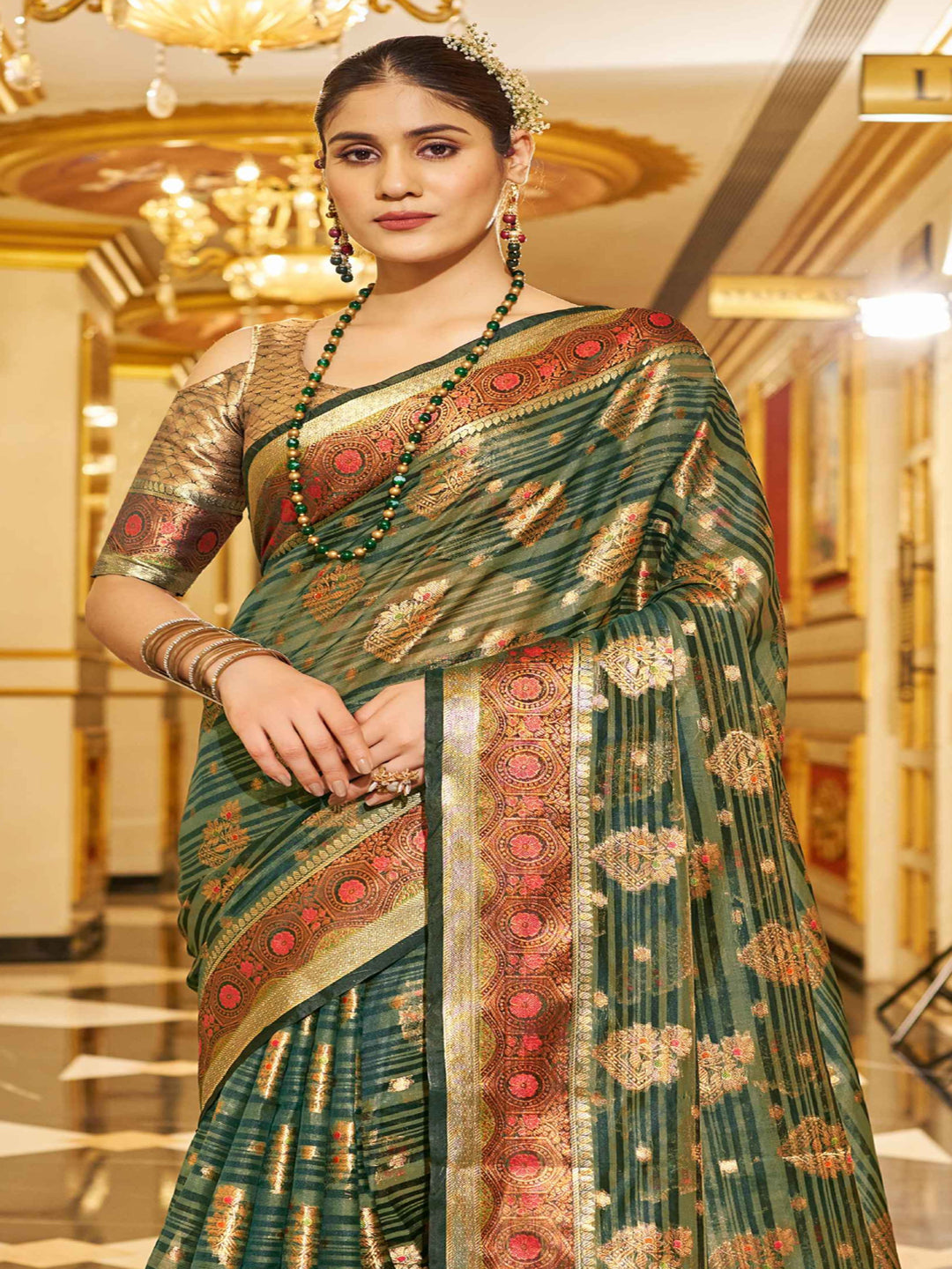 Swornof Womens Organza Silk Saree With Blouse Piece - Green