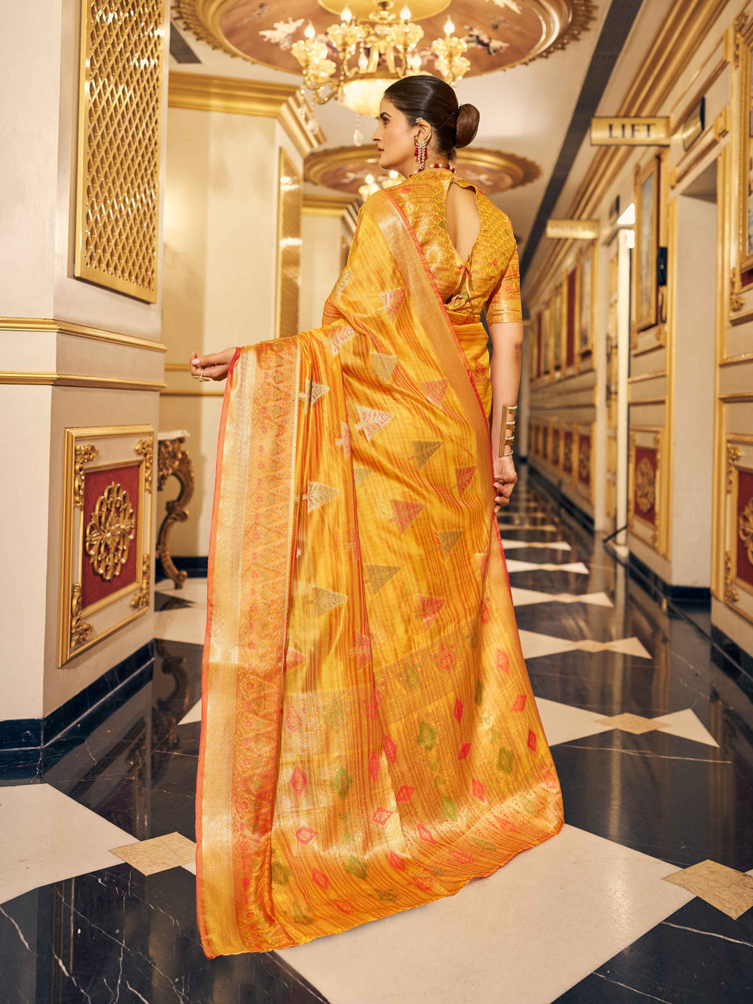 Swornof Womens Organza Silk Saree With Blouse Piece - Yellow