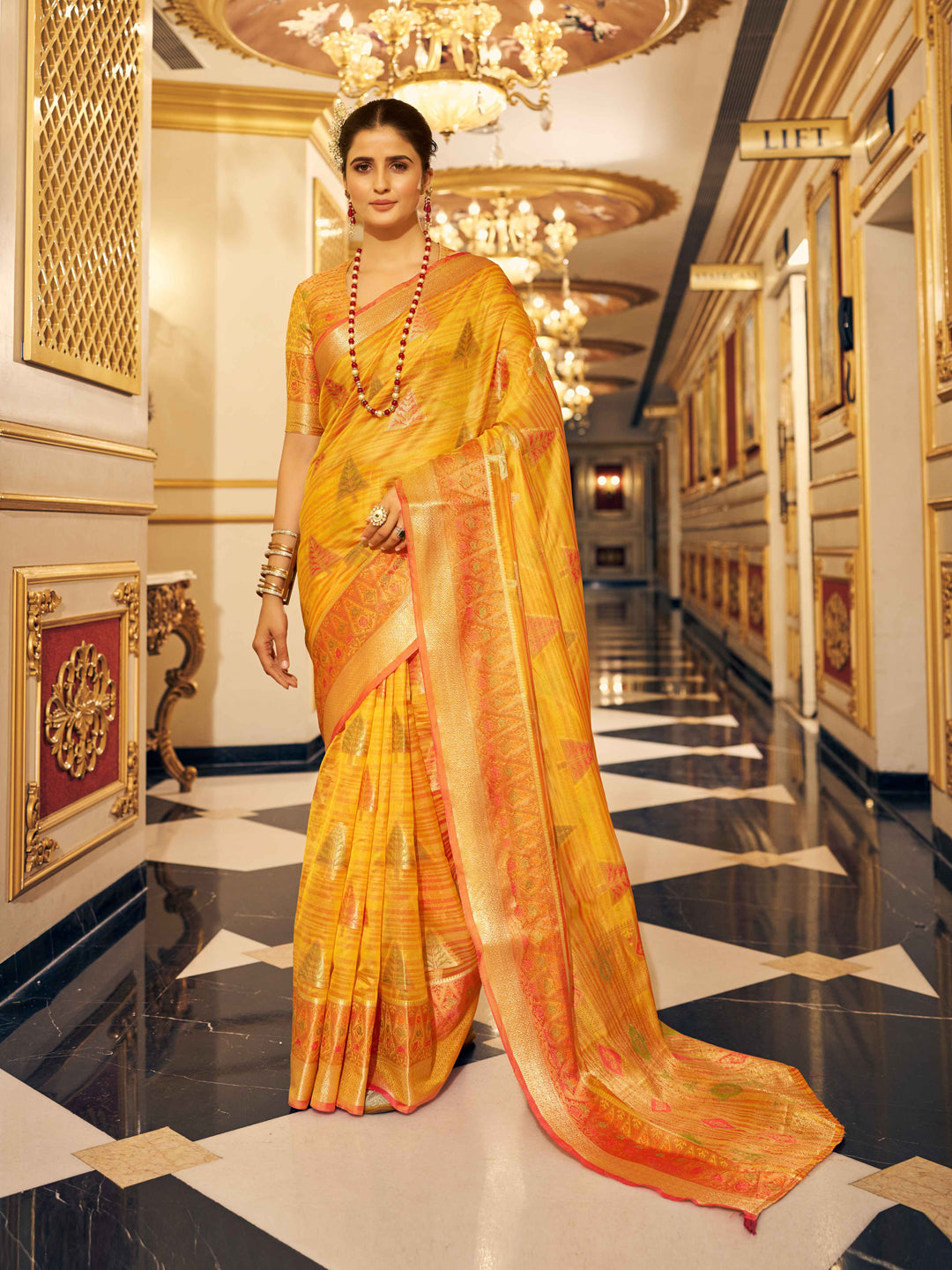 Swornof Womens Organza Silk Saree With Blouse Piece - Yellow