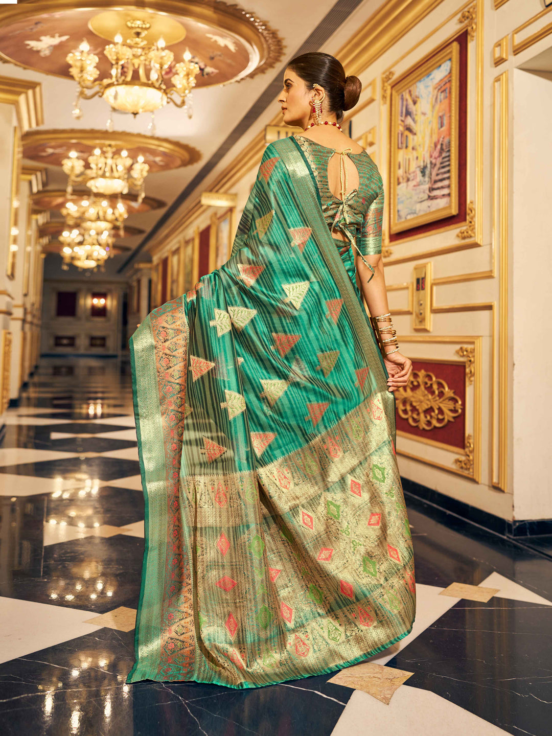 Swornof Womens Organza Silk Saree With Blouse Piece - Firozy