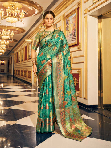 Swornof Womens Organza Silk Saree With Blouse Piece - Firozy