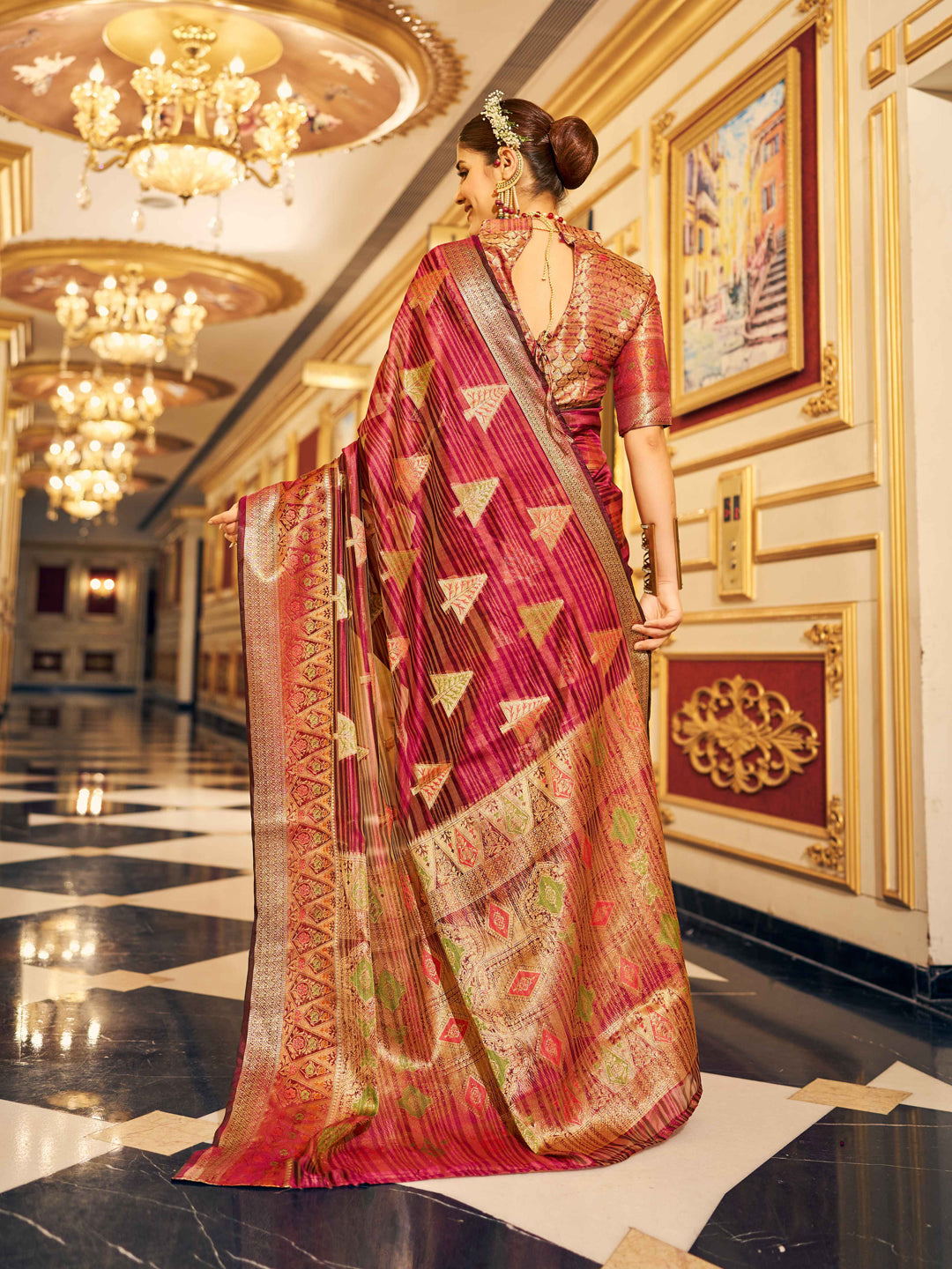 Swornof Womens Organza Silk Saree With Blouse Piece - Wine