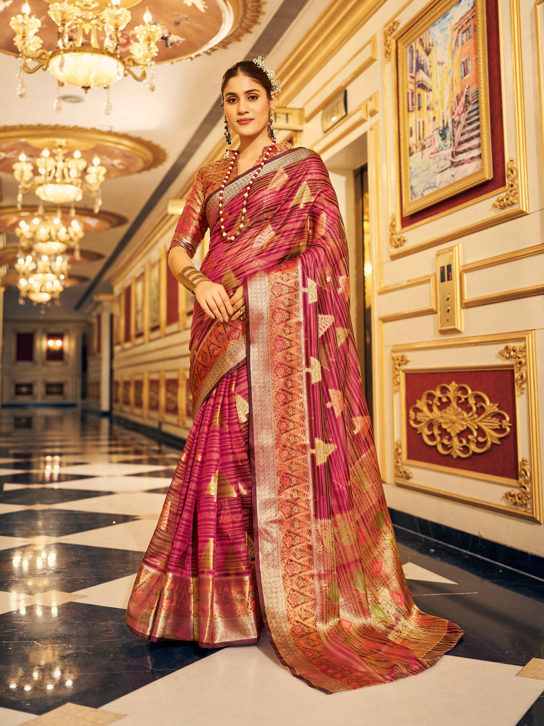 Swornof Womens Organza Silk Saree With Blouse Piece - Wine