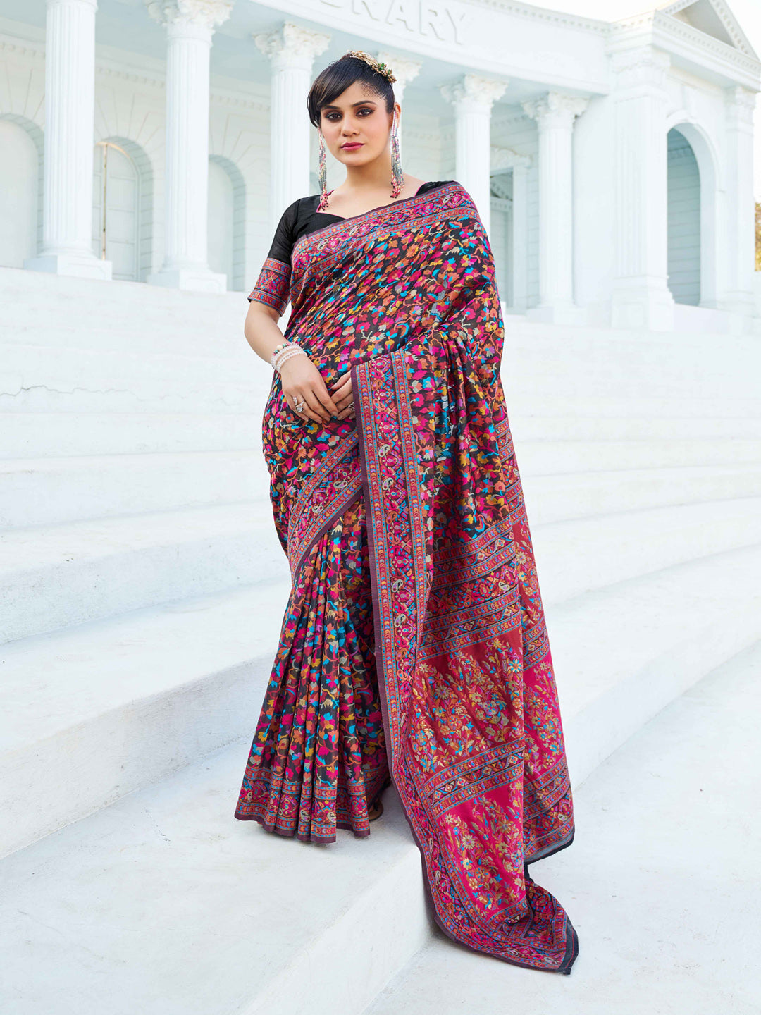 Swornof Womens Cotton Pashamina Saree - Old Black