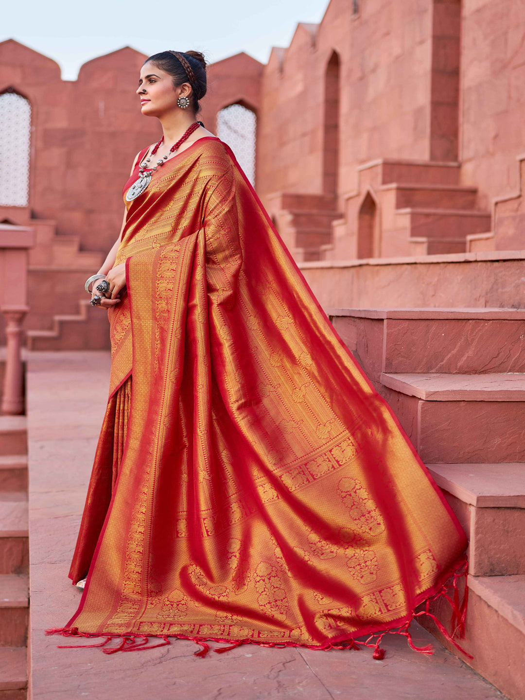 Swornof Womens Silk Saree With Blouse Piece - Red