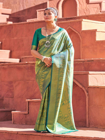 Swornof Womens Silk Saree With Blouse Piece - Green