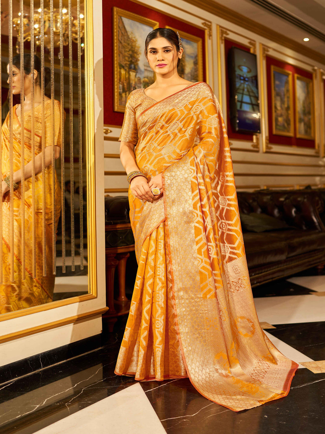 Swornof Womens Patola Organza Saree with blouse piece - Yellow