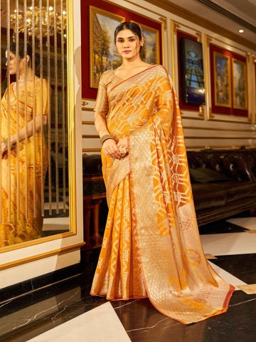 Swornof Womens Patola Organza Saree with blouse piece - Yellow