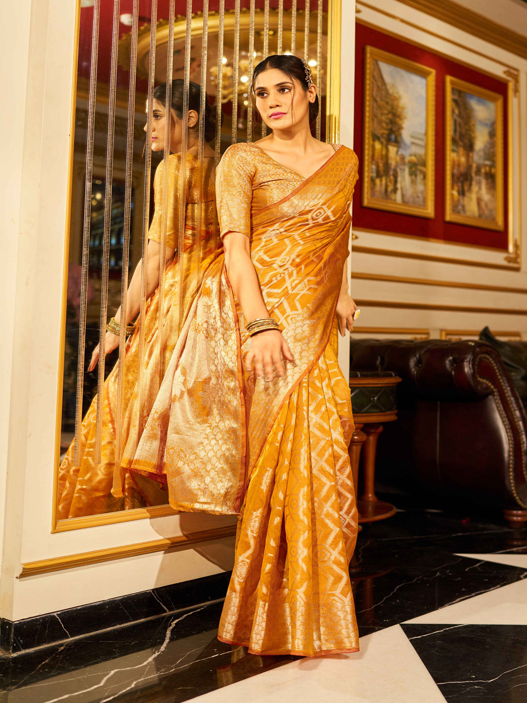 Swornof Womens Patola Organza Saree with blouse piece - Yellow