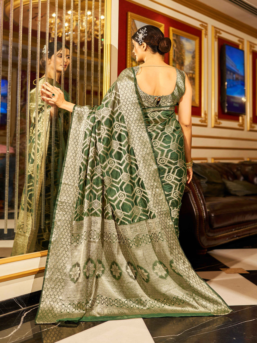 Swornof Womens Patola Organza Saree with blouse piece - Mahendi Green