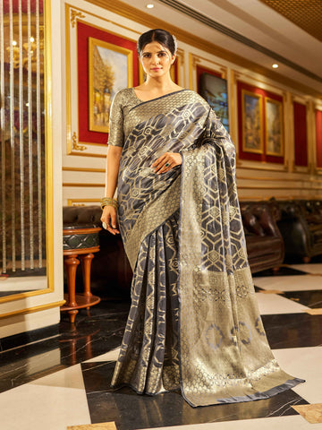 Swornof Womens Patola Organza Saree with blouse piece - Grey