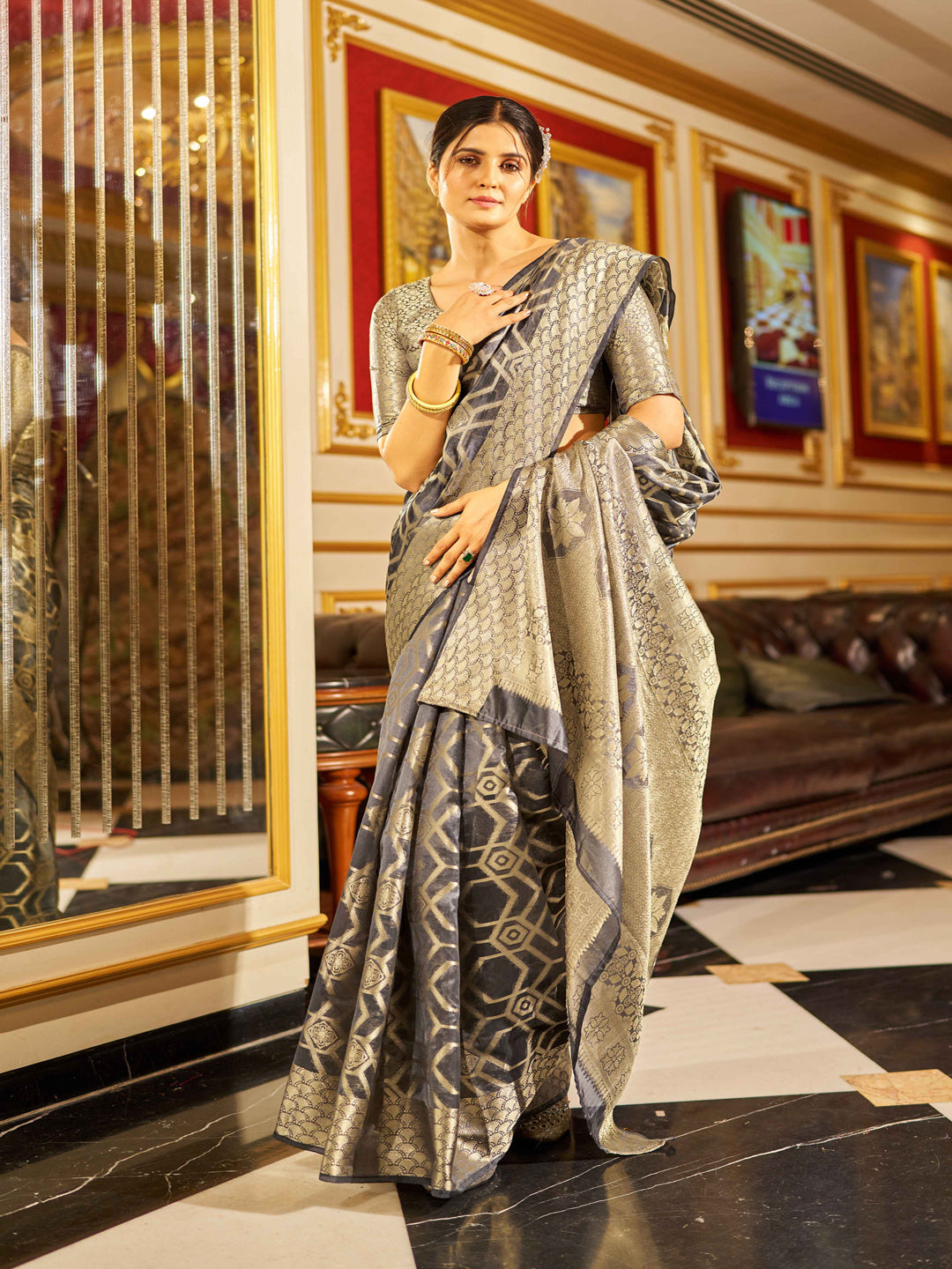 Swornof Womens Patola Organza Saree with blouse piece - Grey