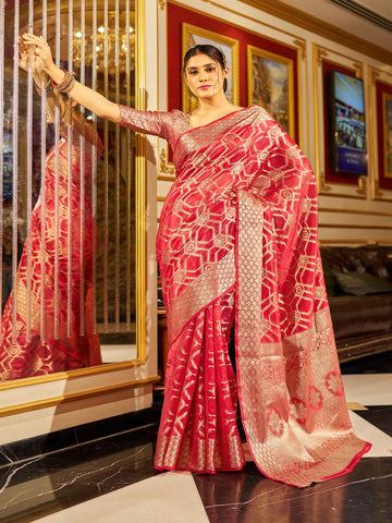 Swornof Womens Patola Organza Saree with blouse piece - Red