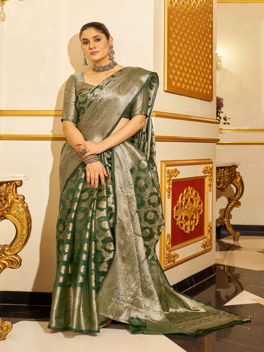 Swornof Womens Patola Organza Saree with blouse piece - Mahendi Green