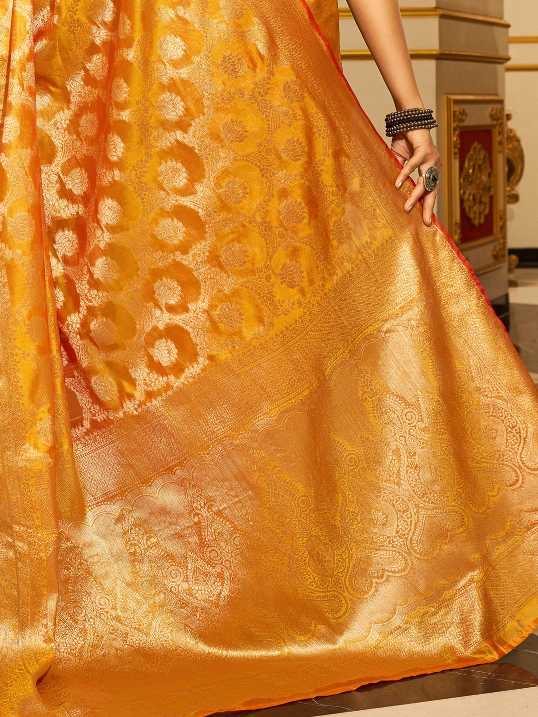 Swornof Womens Patola Organza Saree with blouse piece - Yellow