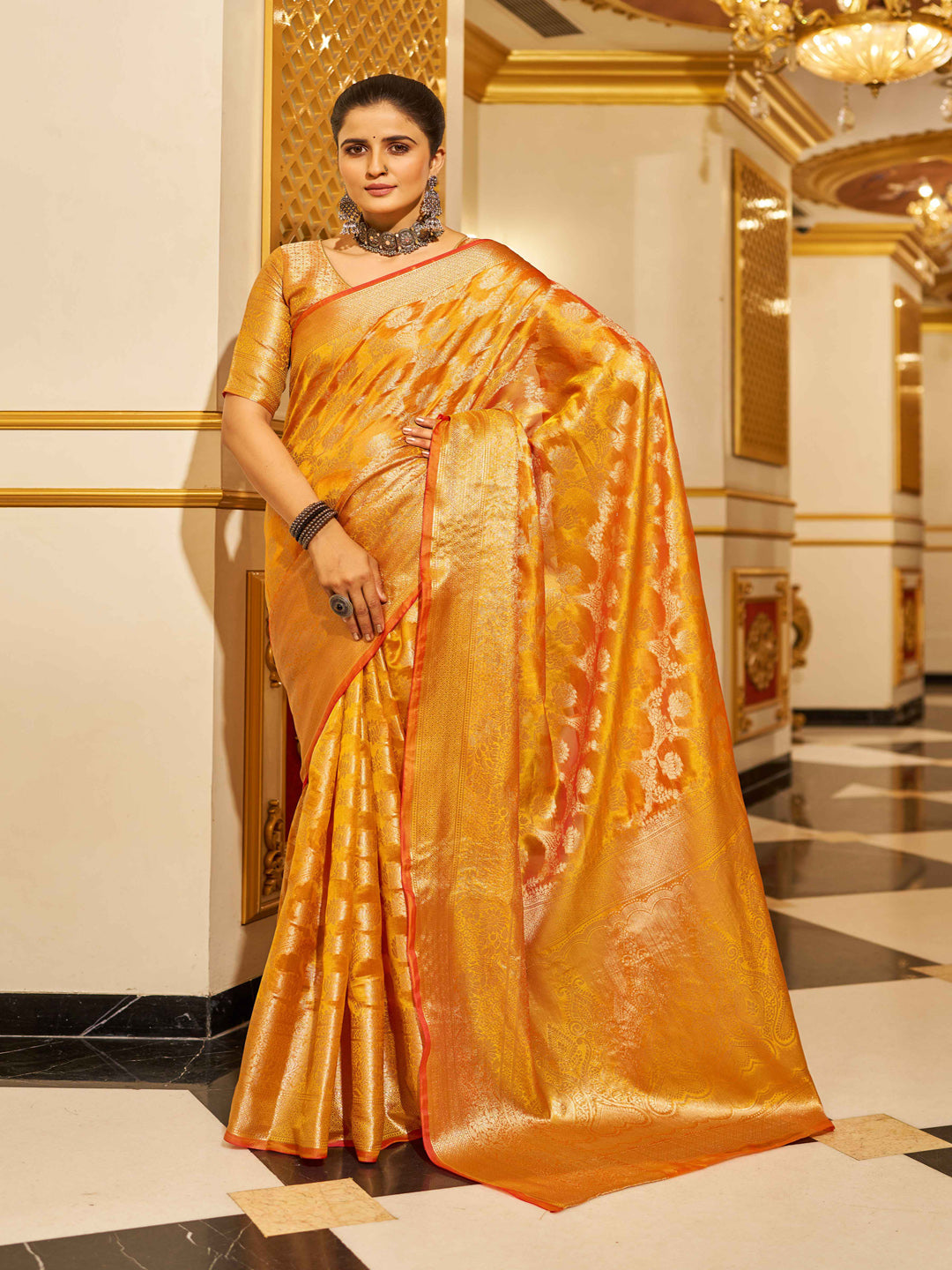 Swornof Womens Patola Organza Saree with blouse piece - Yellow