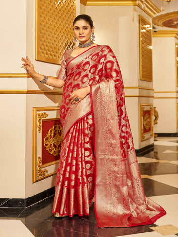 Swornof Womens Patola Organza Saree with blouse piece - Red