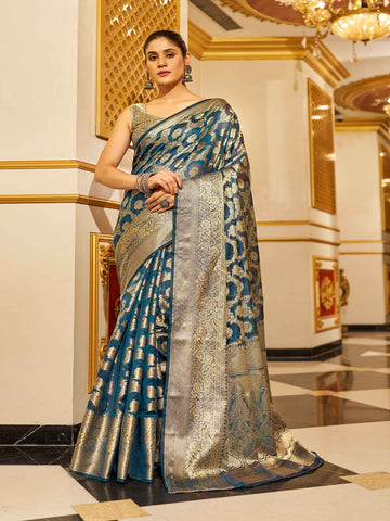 Swornof Womens Patola Organza Saree with blouse piece - Firozy