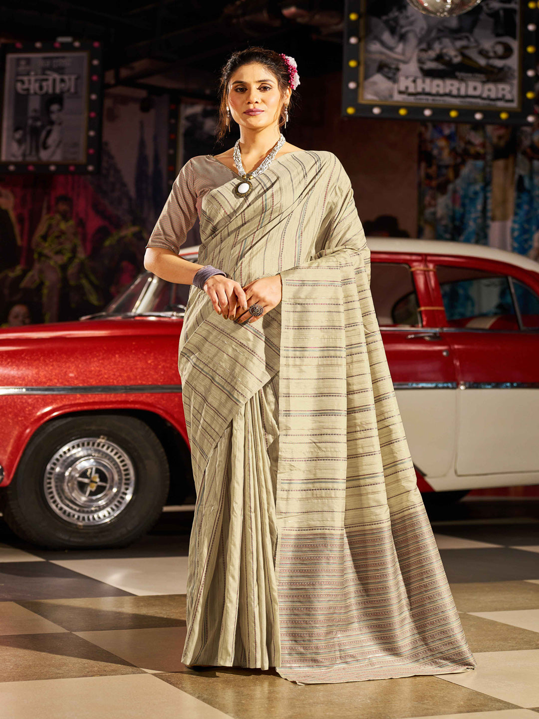 Swornof Cotton Silk and Patola Saree with blouse piece - Cream